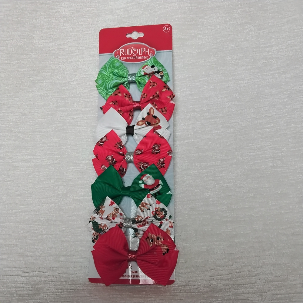 Kids Hair Bow Pinch Clip Set of 7 - Licensed Charater RUDOLPH Christmas